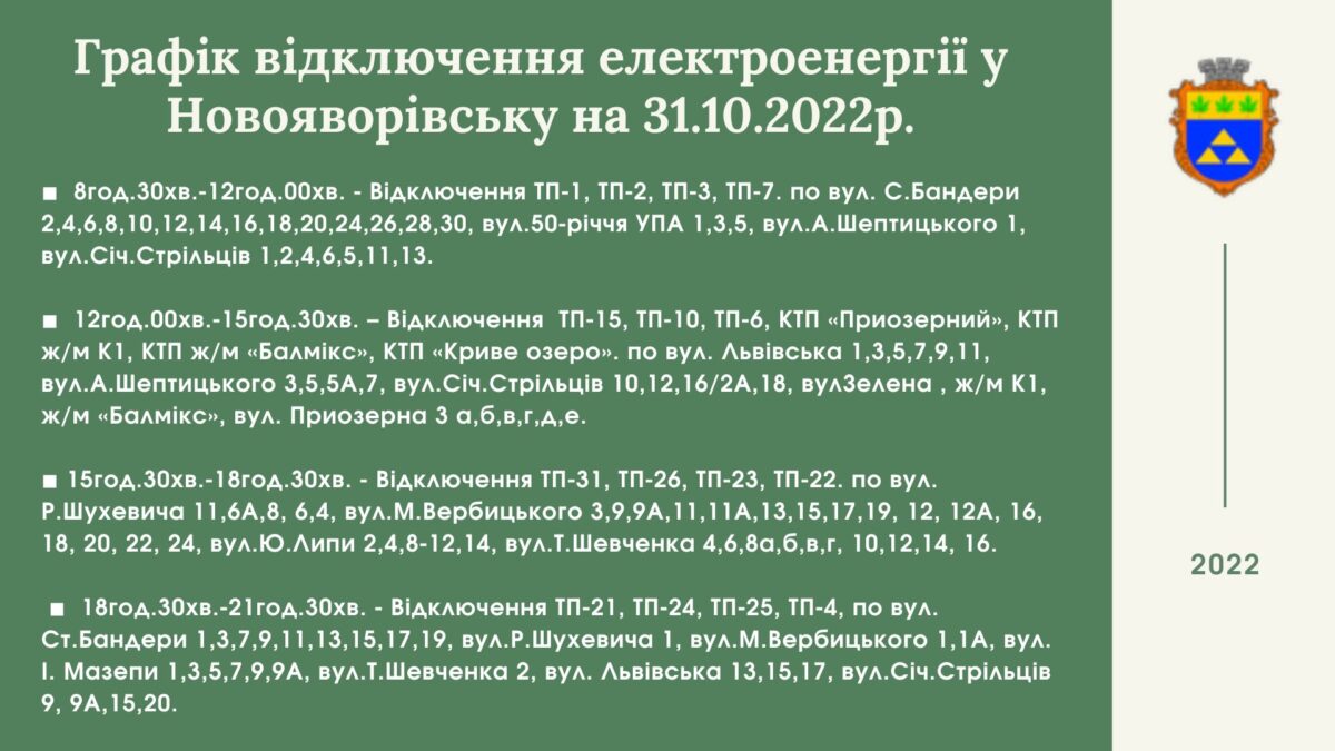 Графік вимкнення світла у Новояворівську на 31.10.2022 року